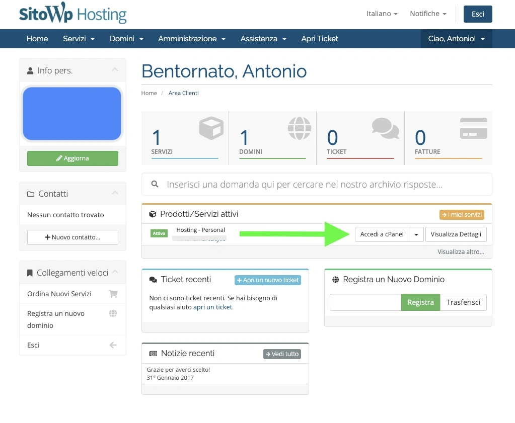 screenshot area cliente wp-hosting che mostra il pulsante per accedere a cpanel