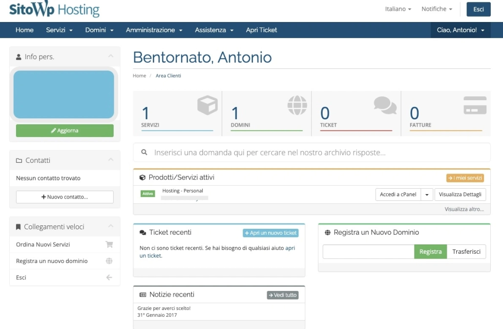 immagine che mostra la bacheca del portale clienti WP-hosting.it