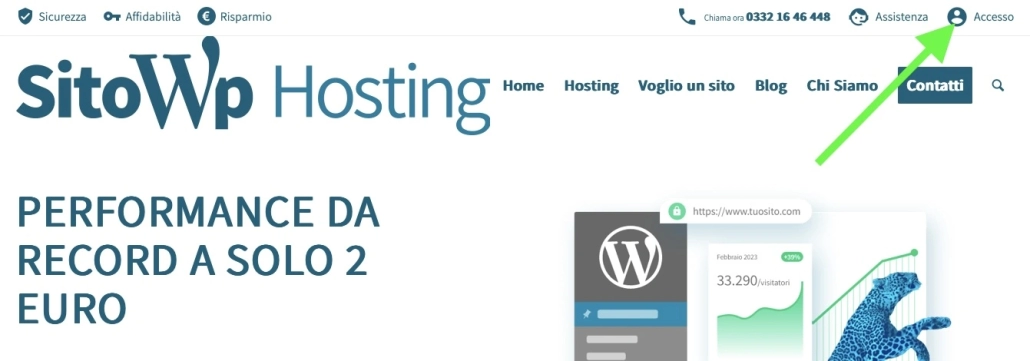 immagine che indica con freccia verde il pulsante Accesso area clienti wp-hosting in alto a destra della pagina