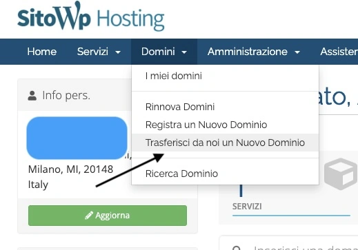 trasferisci dominio wp hosting screen pannello di controllo