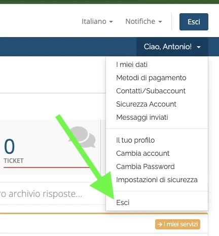 immagine che mostra pulsante per uscire da portale clienti wp-hosting